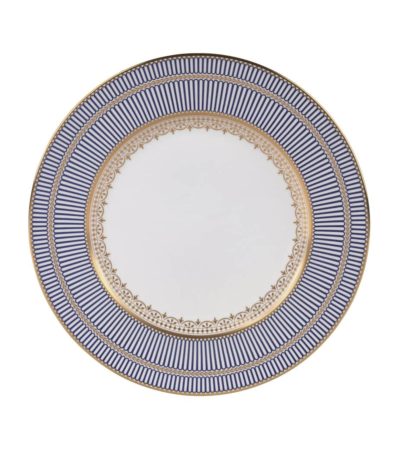 Bone China Blue Dinner Plate with Art-Deco Border and Gold Banding, 27cm
