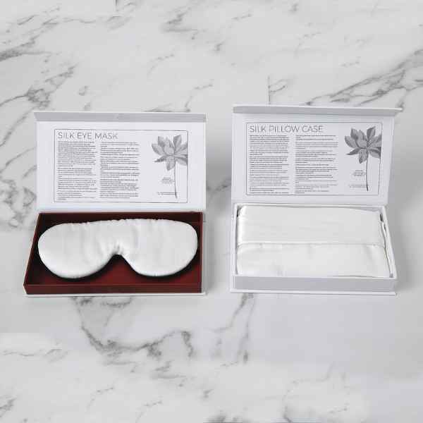 White Lotus 100% mulberry silk pillowcase and eye mask set, imported from the UK
