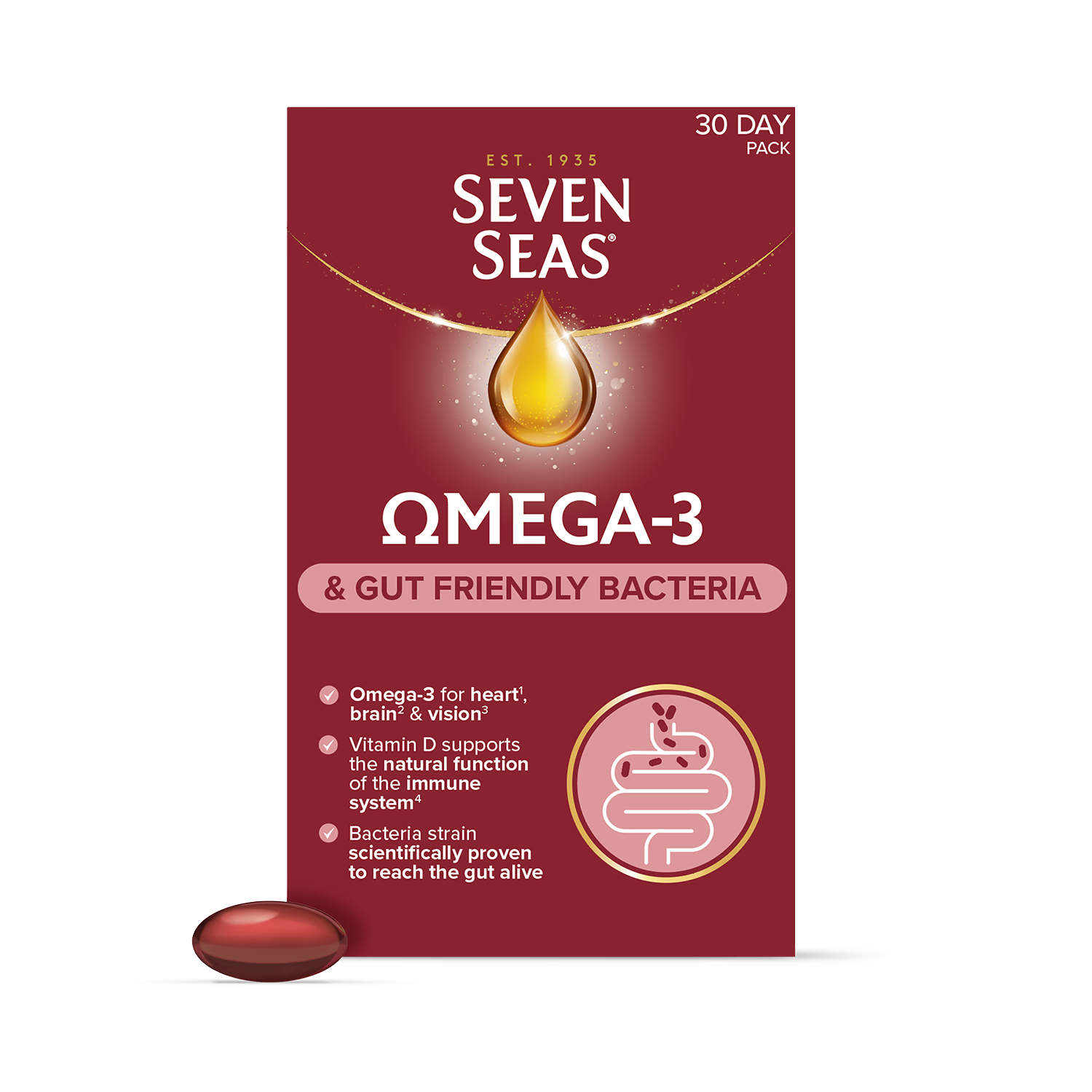 Seven Seas Omega-3 gut friendly bacteria capsules 30 count, UK version