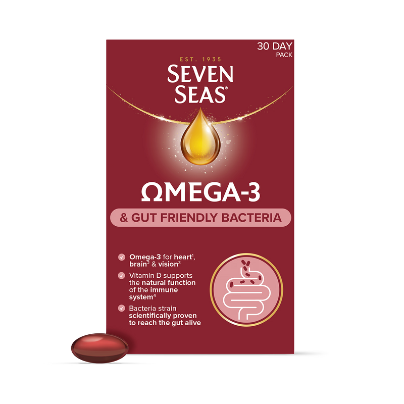 Seven Seas Omega-3 gut friendly bacteria capsules 30 count, UK version