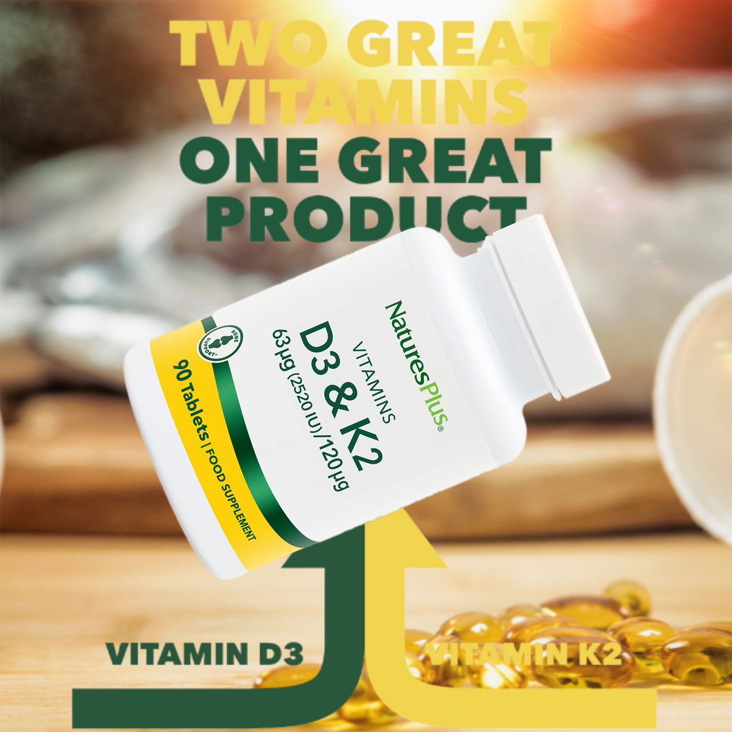 NaturesPlus vitamin D3 and K2 tablets, imported from the UK