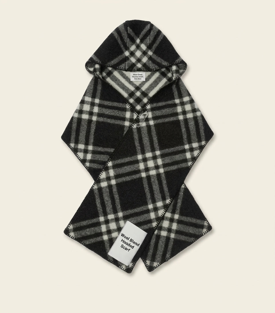Burberry wool check hooded scarf with horse pin (British brand)