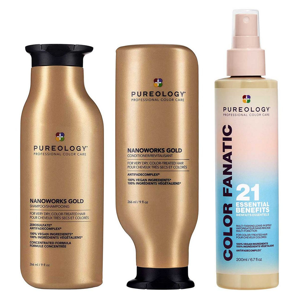 Pureology Nanoworks Gold Shampoo, Conditioner and Color Fanatic Leave In Conditioner Bundle