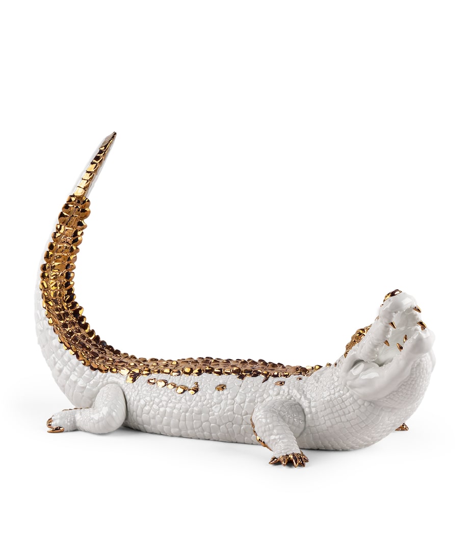 Lladró crocodile figurine white porcelain gold lustre, UK version