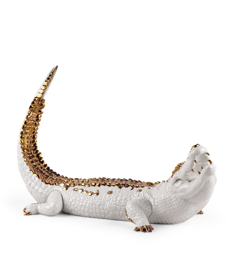 Lladró crocodile figurine white porcelain gold lustre, UK version