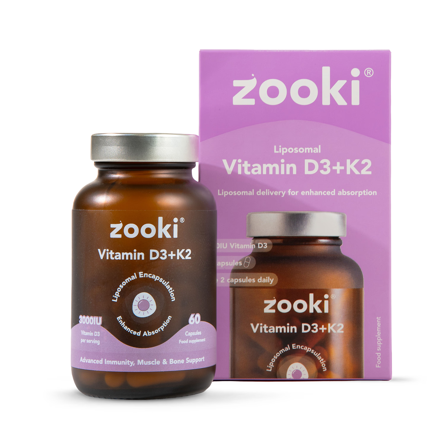 Zooki liposomal vitamin D3+K2 capsules 60 count, imported from the UK