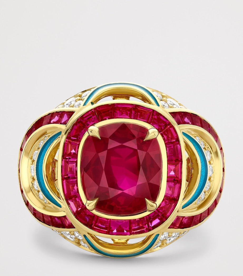 Boodles yellow gold diamond and ruby Palace ring - British product
