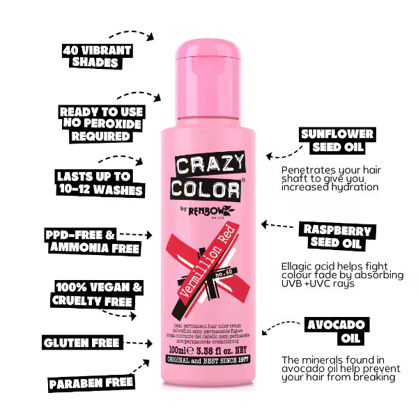 Crazy Color Vermillion Red semi permanent hair dye - British product