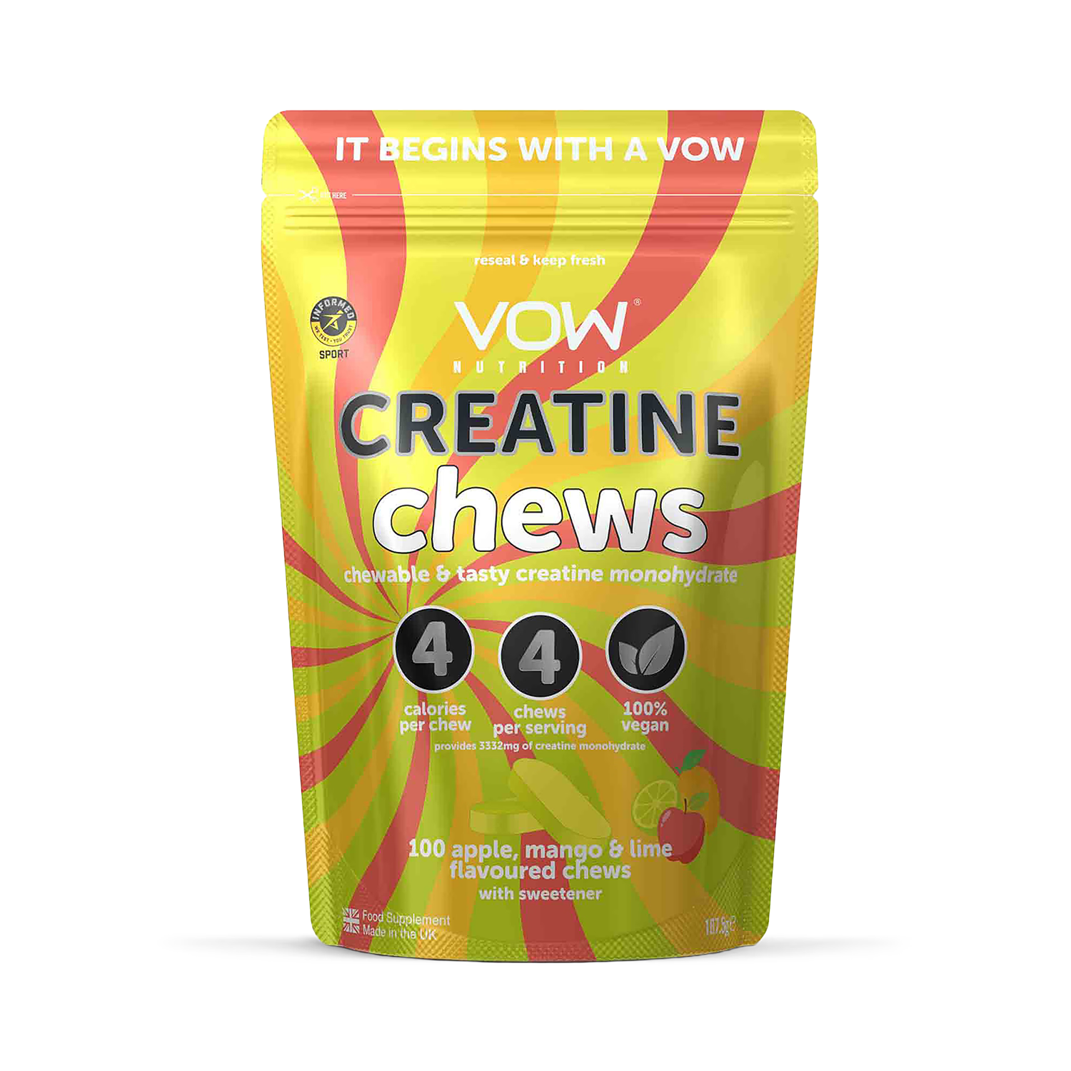 Vow Nutrition Creatine Chews Pomme Mangue et Citron Vert 100 Chews, version UK