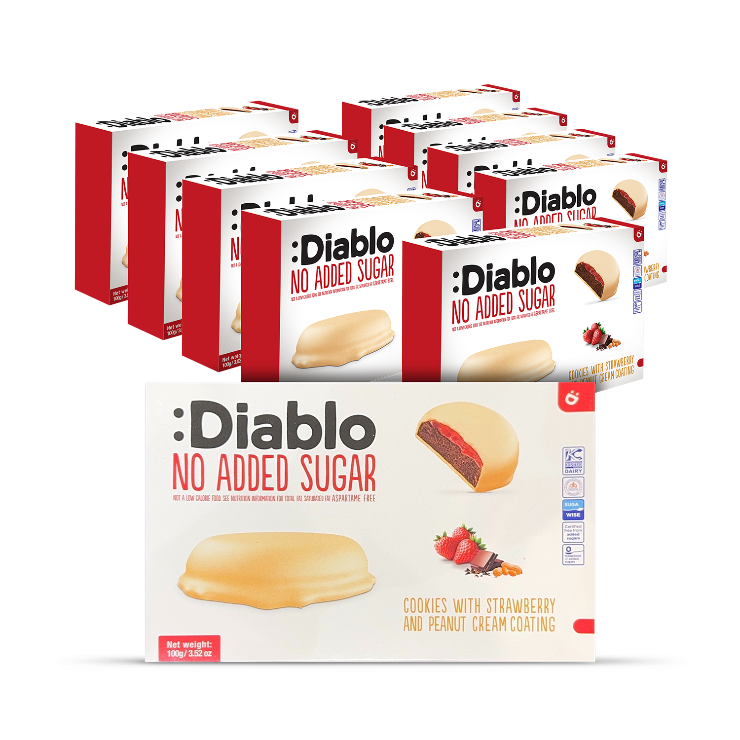 Diablo no added sugar cookies strawberry peanut cream coating 100g, UK version