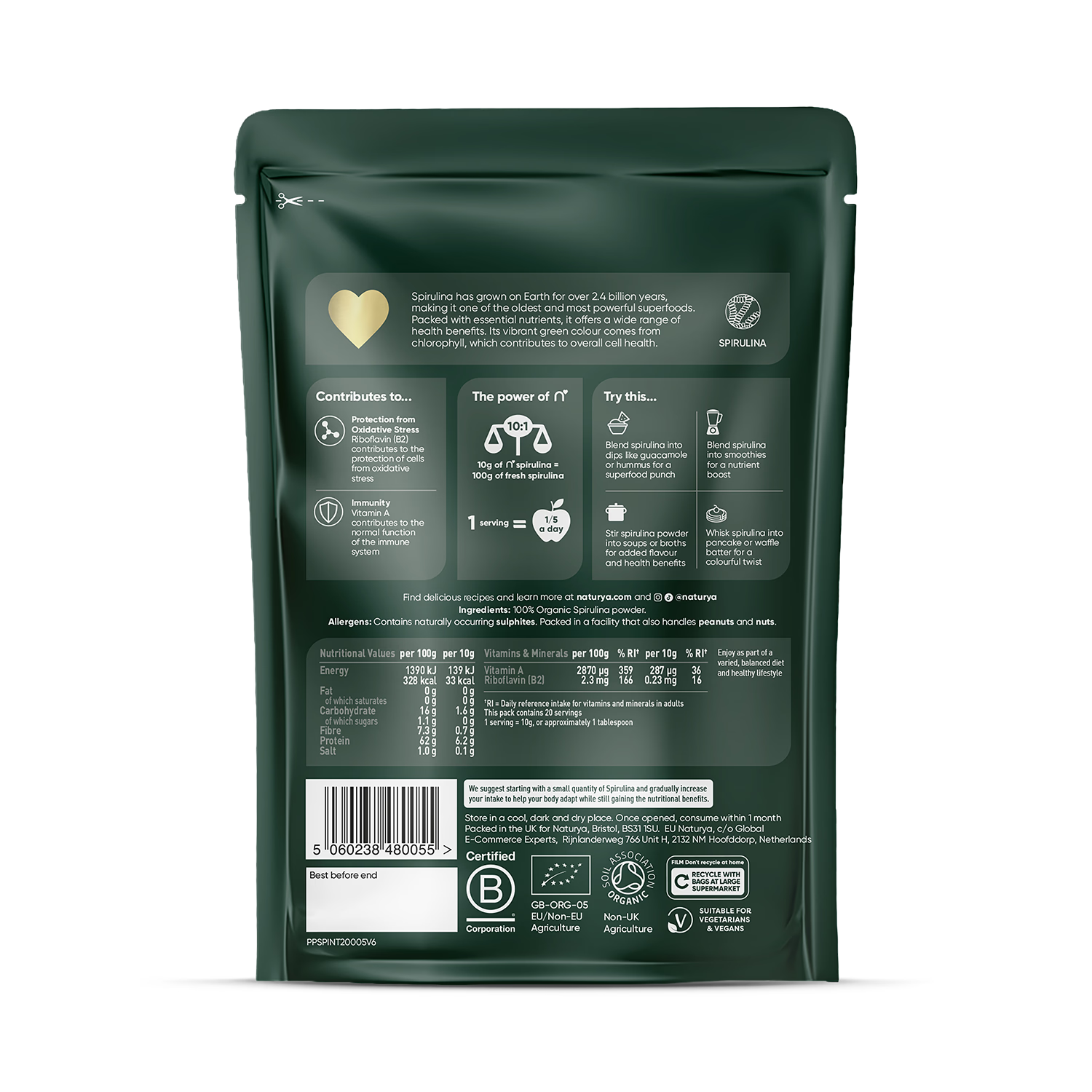 Naturya Organic Spirulina Powder 200g, imported from the UK