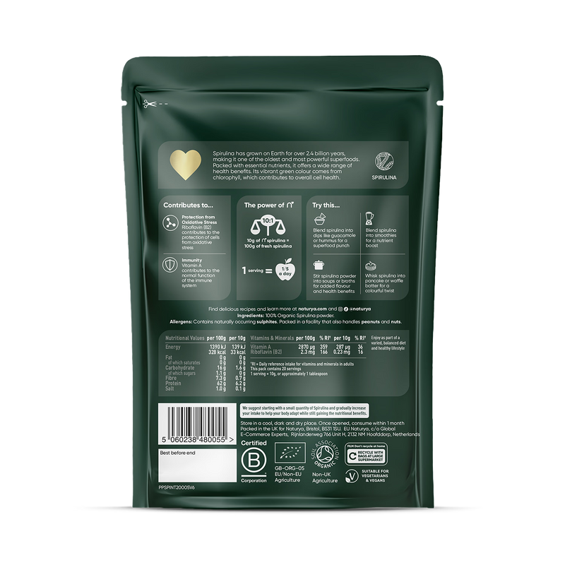 Naturya Organic Spirulina Powder 200g, imported from the UK