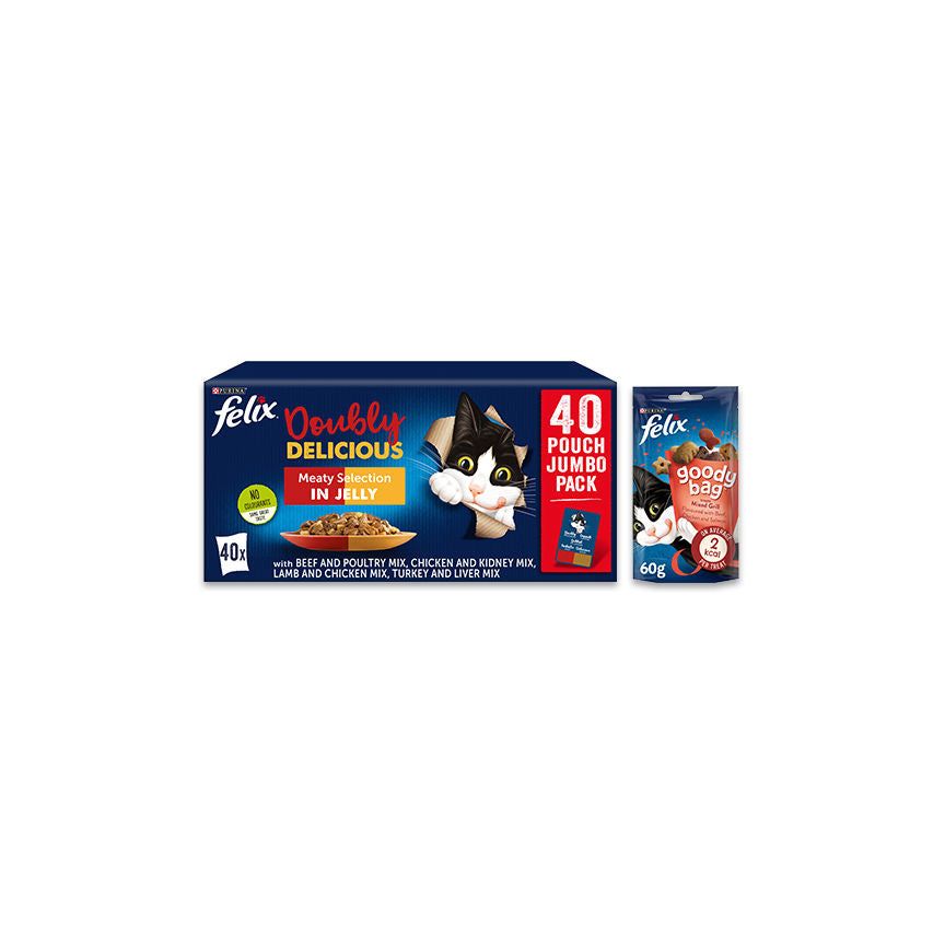 Felix Doubly Delicious Meaty Selection in Jelly Wet Cat Food 40 Pack &amp;amp; Goody Bag Treats