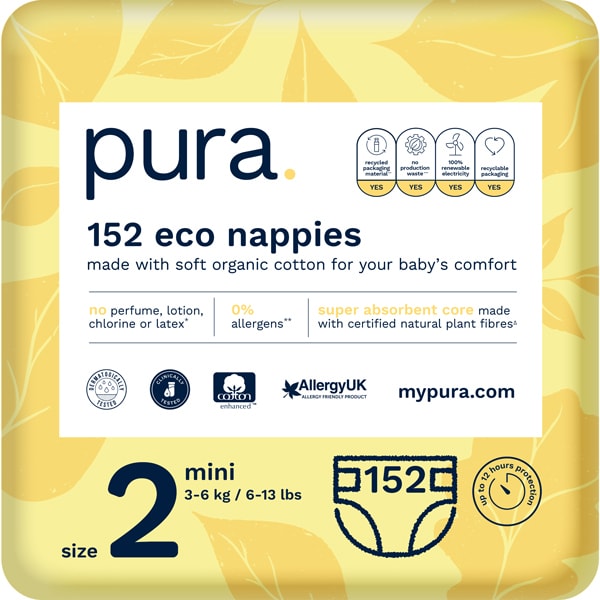 Pura Premium Eco Baby Nappies, Size 2 (3-6kg) 152 Nappies