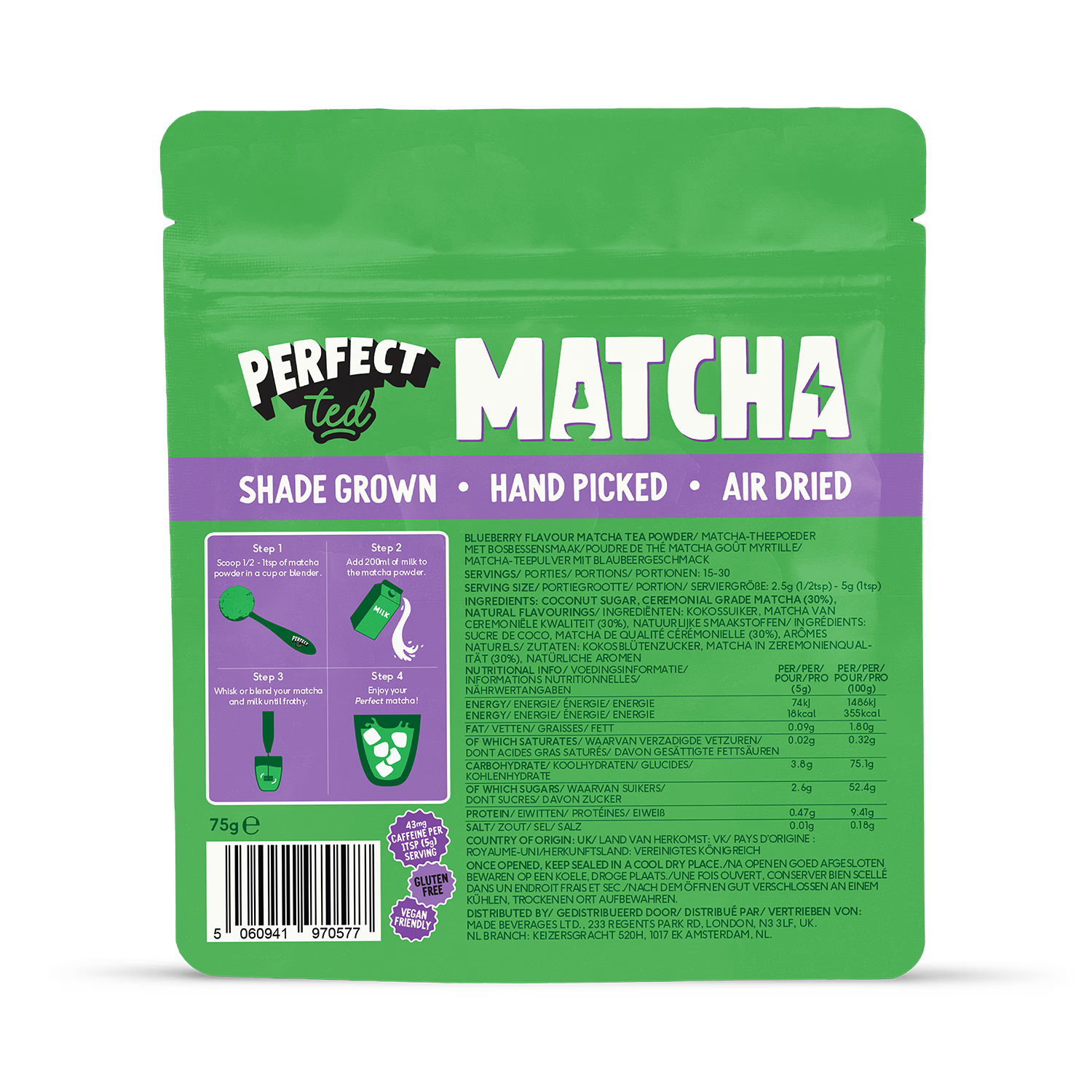 PerfectTed Blueberry Matcha Tea Powder 75g, UK version