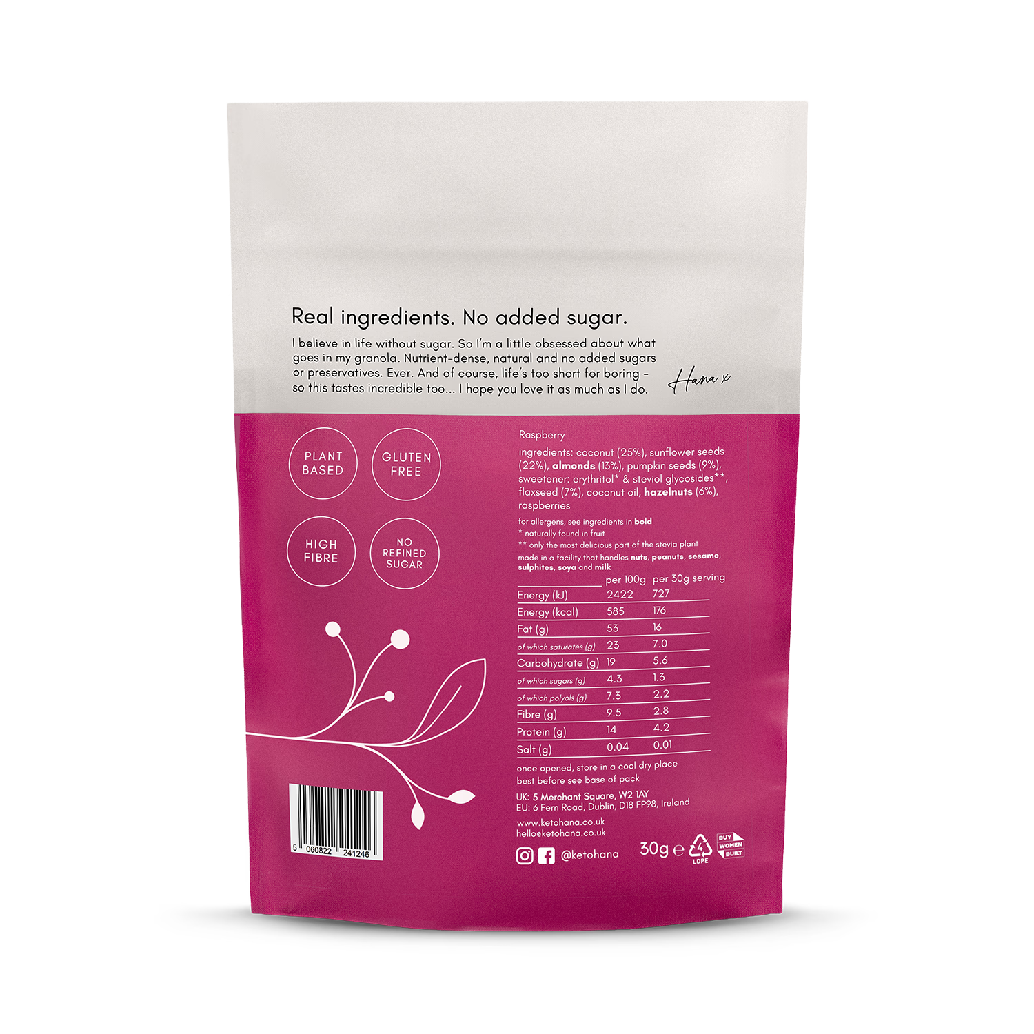 Keto Hana raspberry granola 300g, imported from the UK