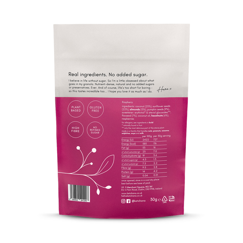 Keto Hana raspberry granola 300g, imported from the UK