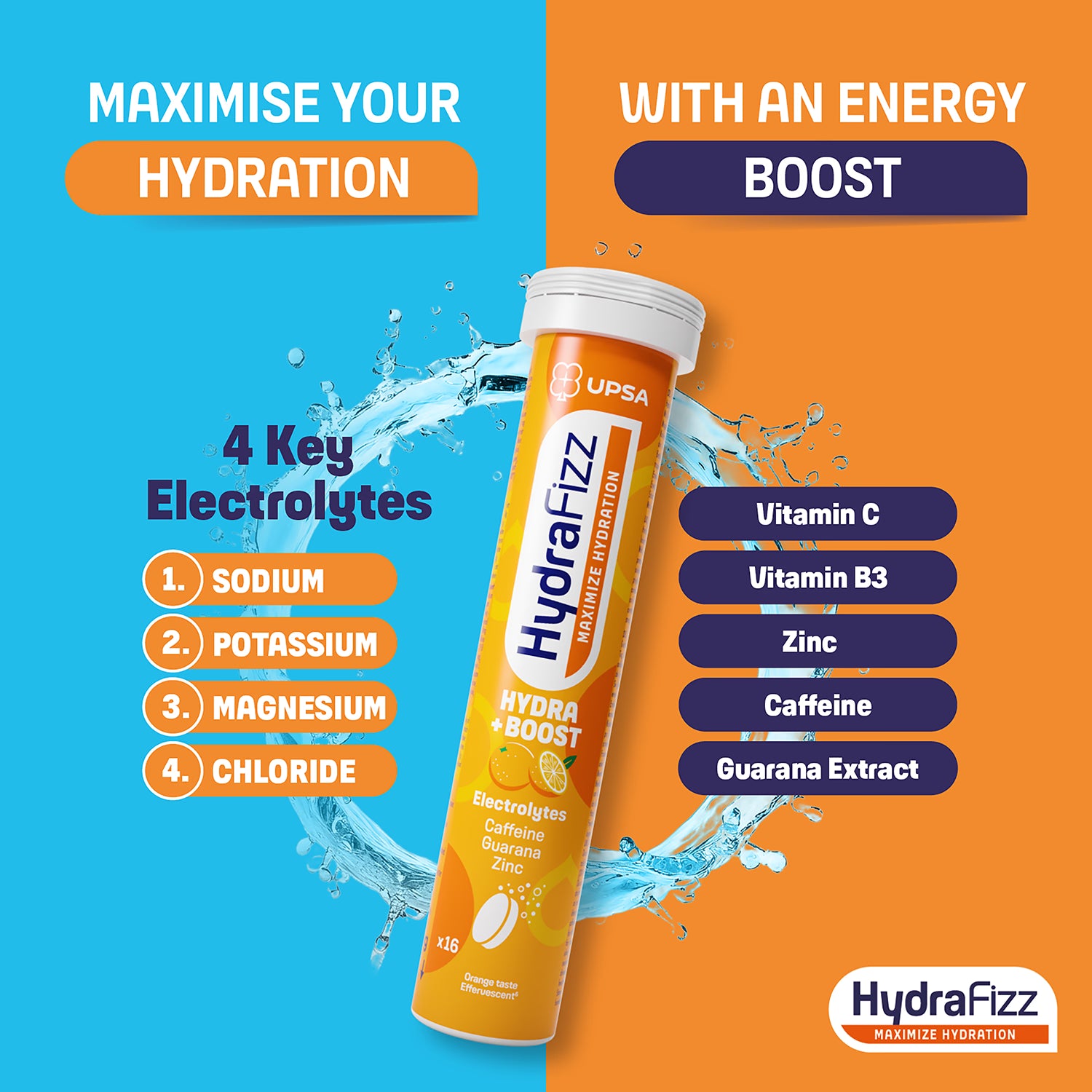 Hydrafizz Hydra + Boost effervescent supplement orange flavour, imported from the UK