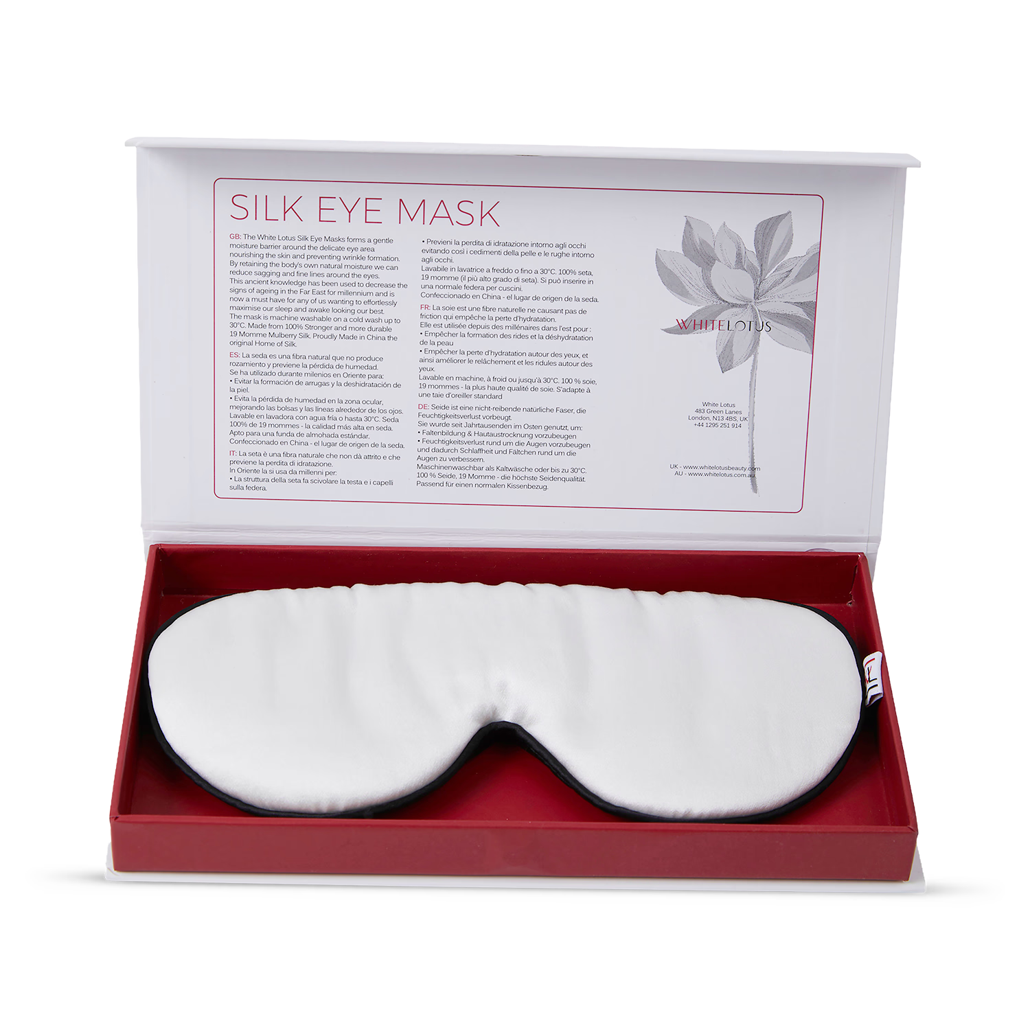 White Lotus Beauty 100% mulberry silk sleep mask 19 momme, imported from the UK