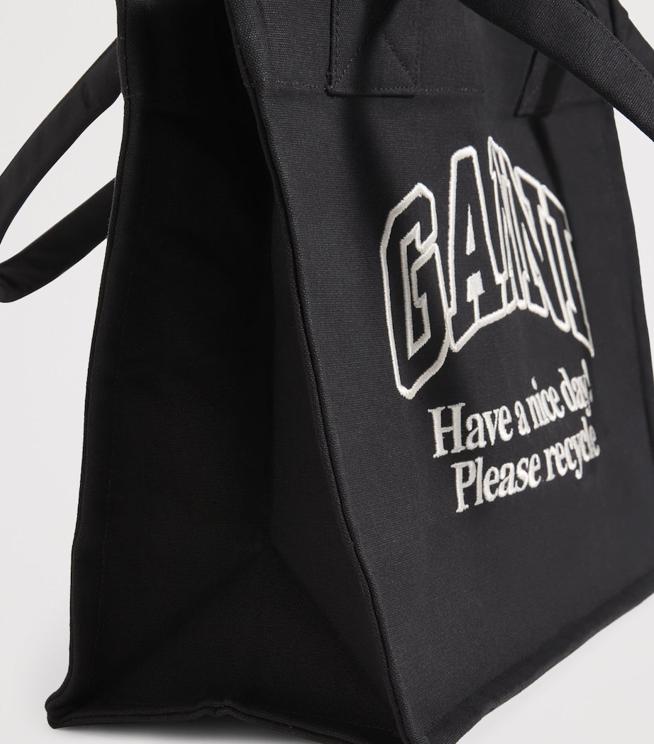 GANNI large recycled cotton tote bag with slogan, imported from the UK