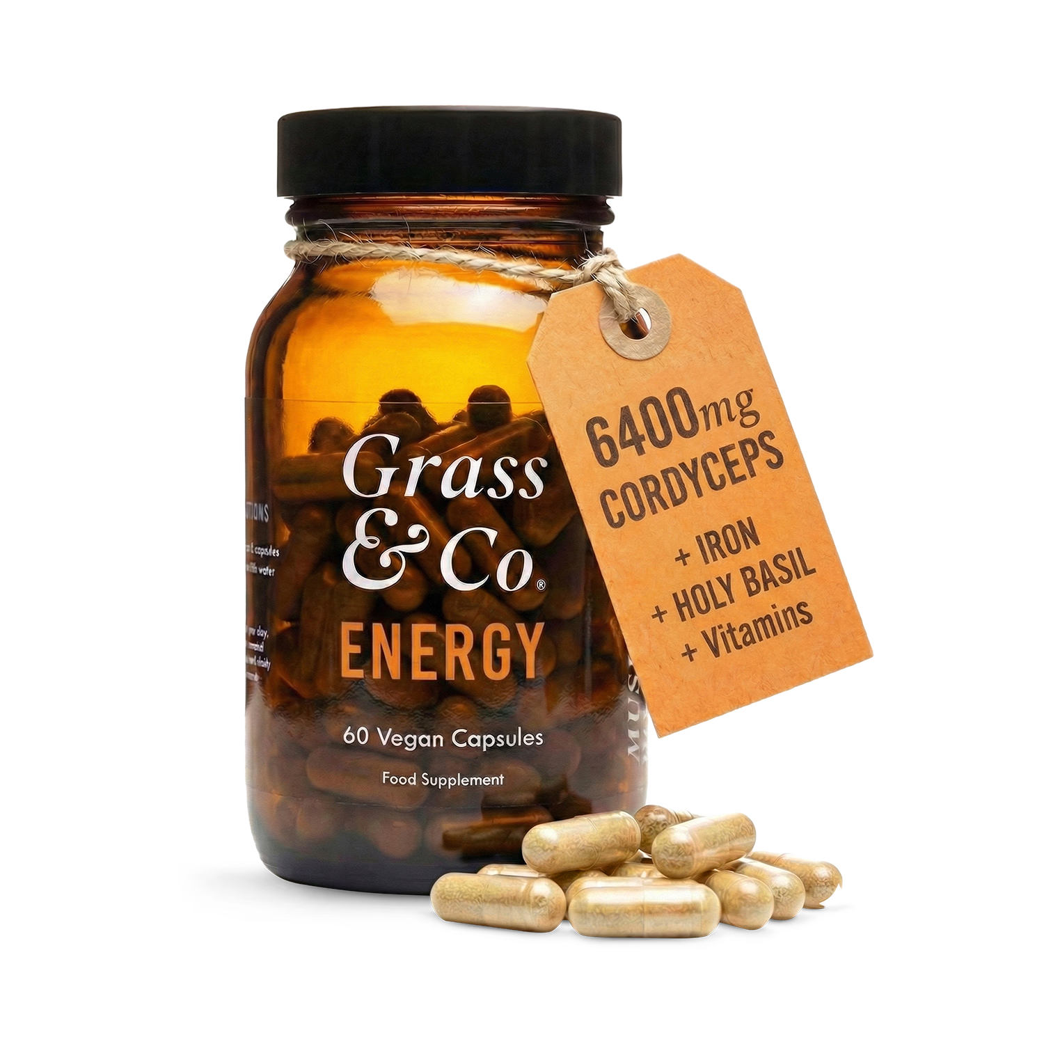 Grass & Co ENERGY Cordyceps mushroom supplement 60 capsules, imported from the UK