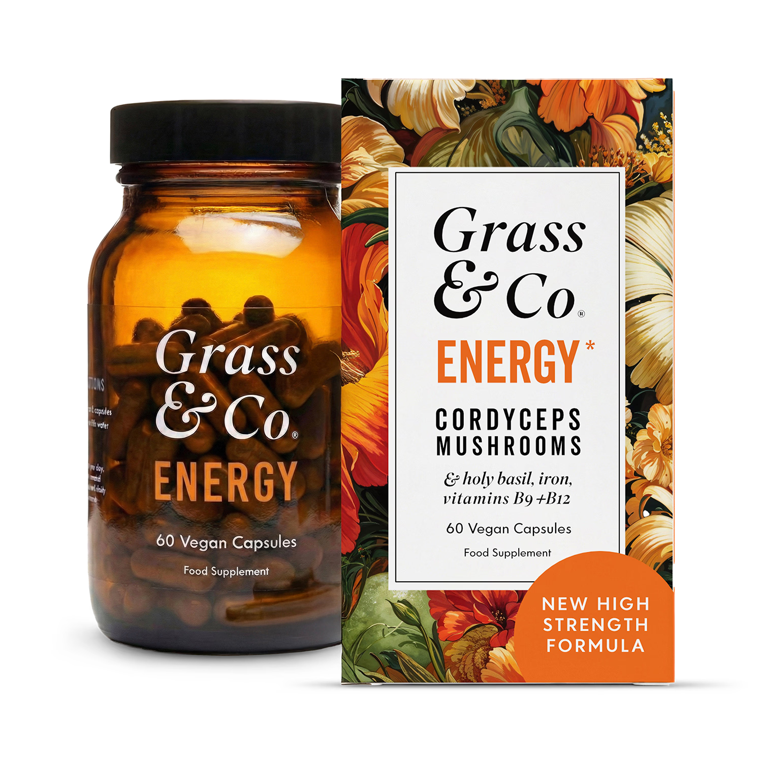Grass & Co ENERGY Cordyceps mushroom supplement 60 capsules, imported from the UK