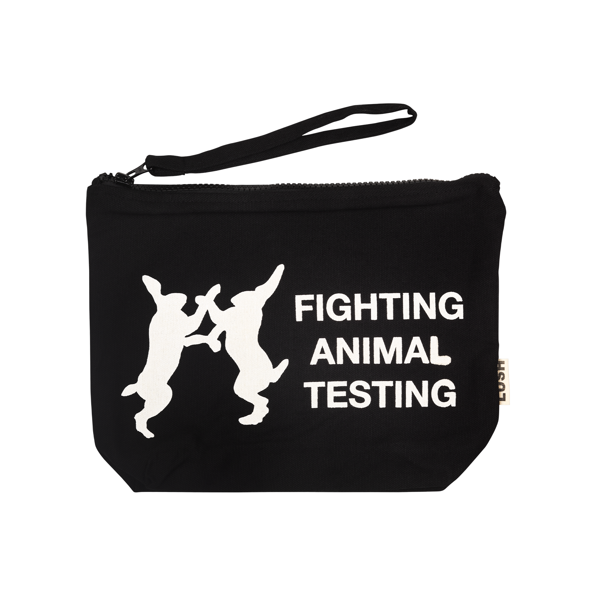 Organic cotton cosmetic pouch with anti-animal-testing slogan, UK version
