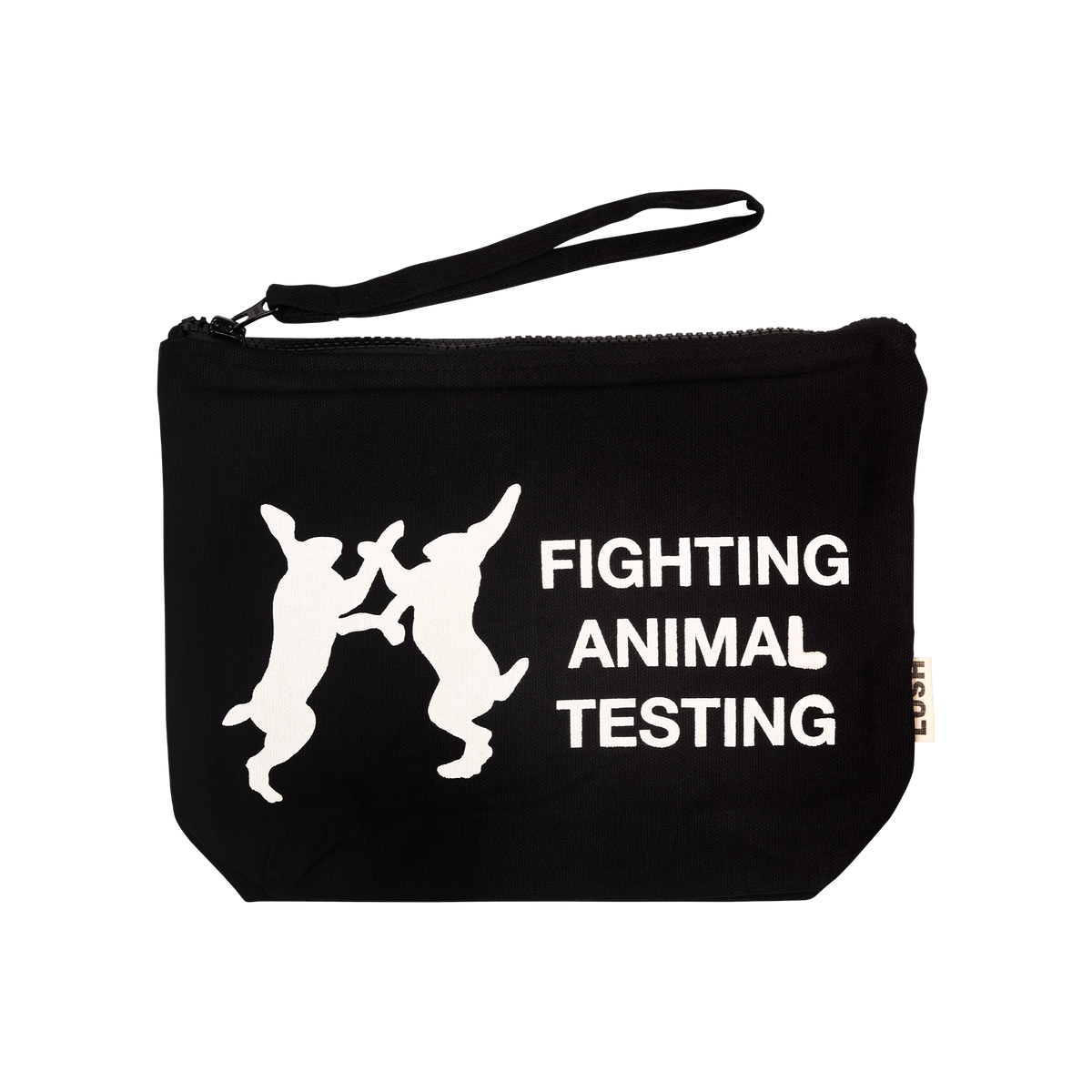 Organic cotton cosmetic pouch with anti-animal-testing slogan, UK version
