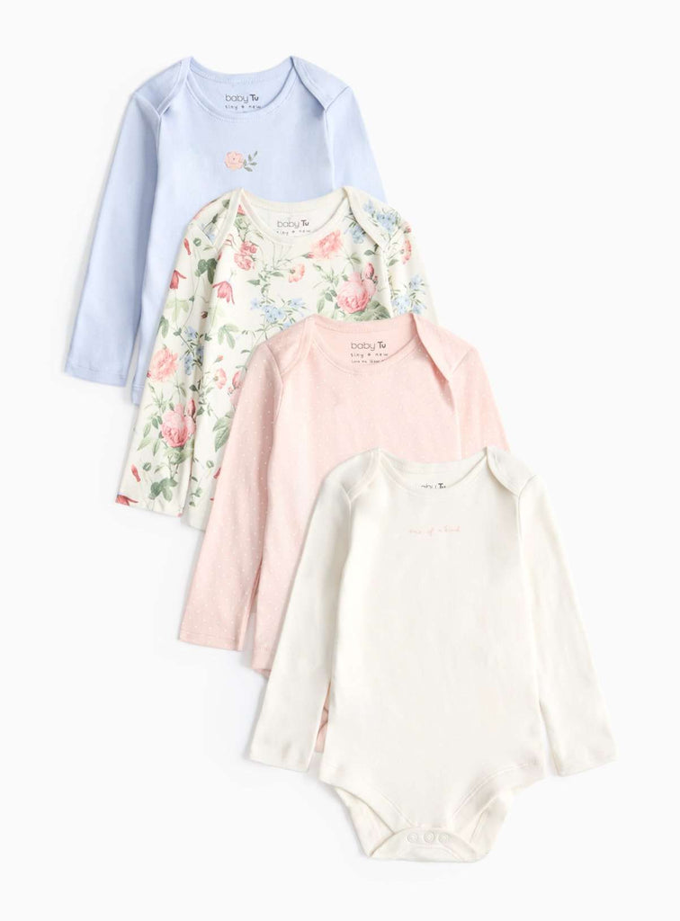 Floral Plain Long Sleeve Bodysuit 4 Pack 6-9 months