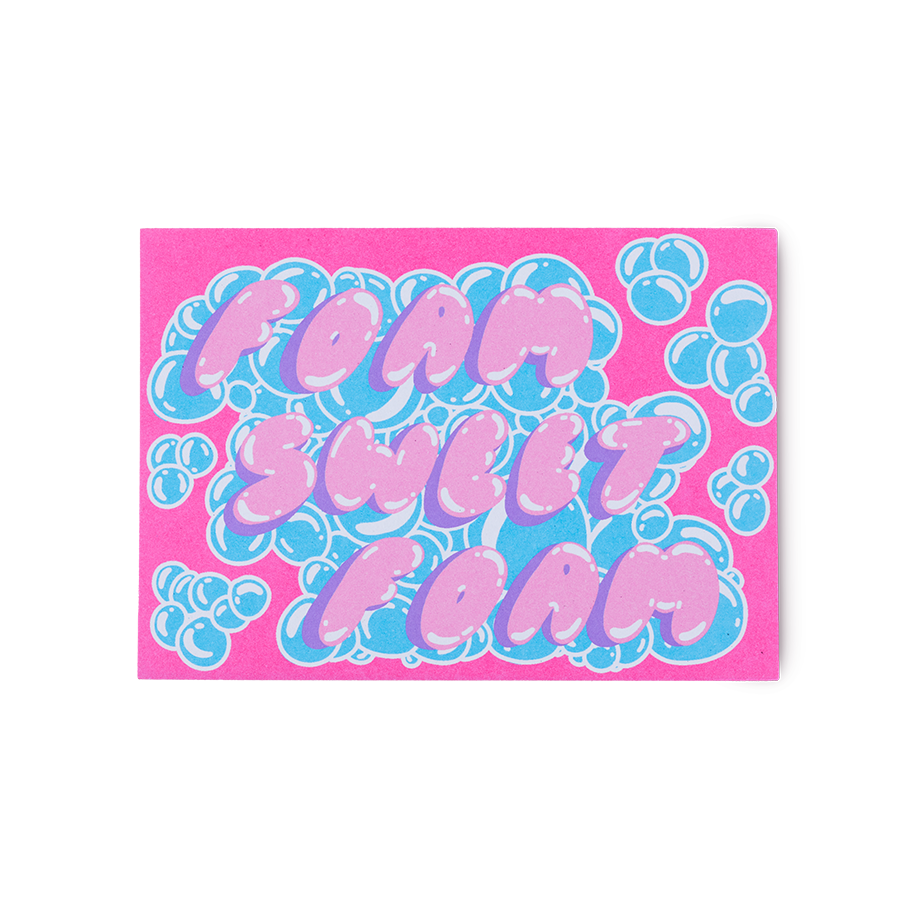 Foam Sweet Foam postcard with purple and blue Sleepy-inspired design (British brand)