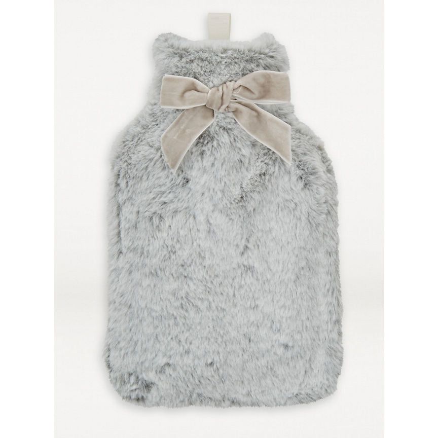 George Home Grey Faux Fur Bow Mini Hot Water Bottle