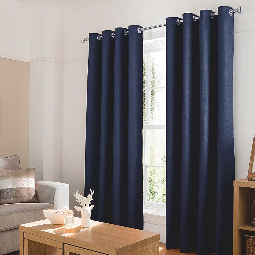 George Home Inky Blue Textured Weave Eyelet Curtains