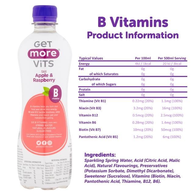 Get More Still B Vitamins Water Apple &amp;amp; Raspberry   500ml