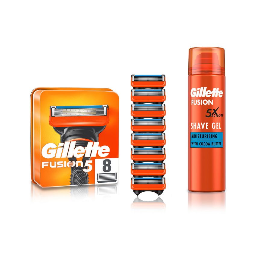 Gillette Fusion 5 8 Razor Blades & Moisturising Shave Gel Bundle