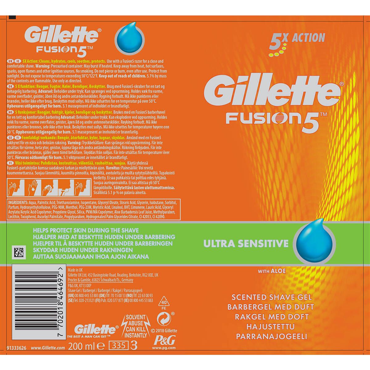 Gillette Fusion5 Ultra Sensitive férfi borotvagél, 6 x 200 ml