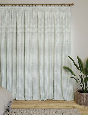 Gingham Floral Pencil Pleat Blackout Curtains - Green Mix, W117Cm Drop 137Cm