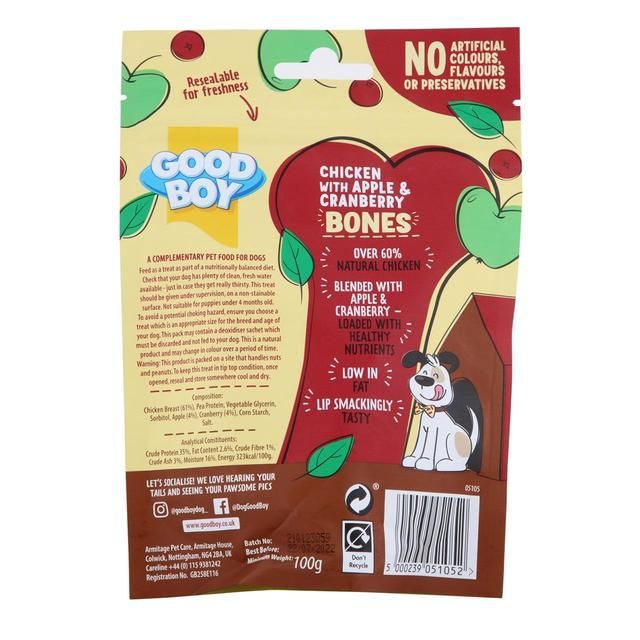 Good Boy Superlicious Chicken Apple &amp;amp; Cranberry Bone Dog Treats   100g