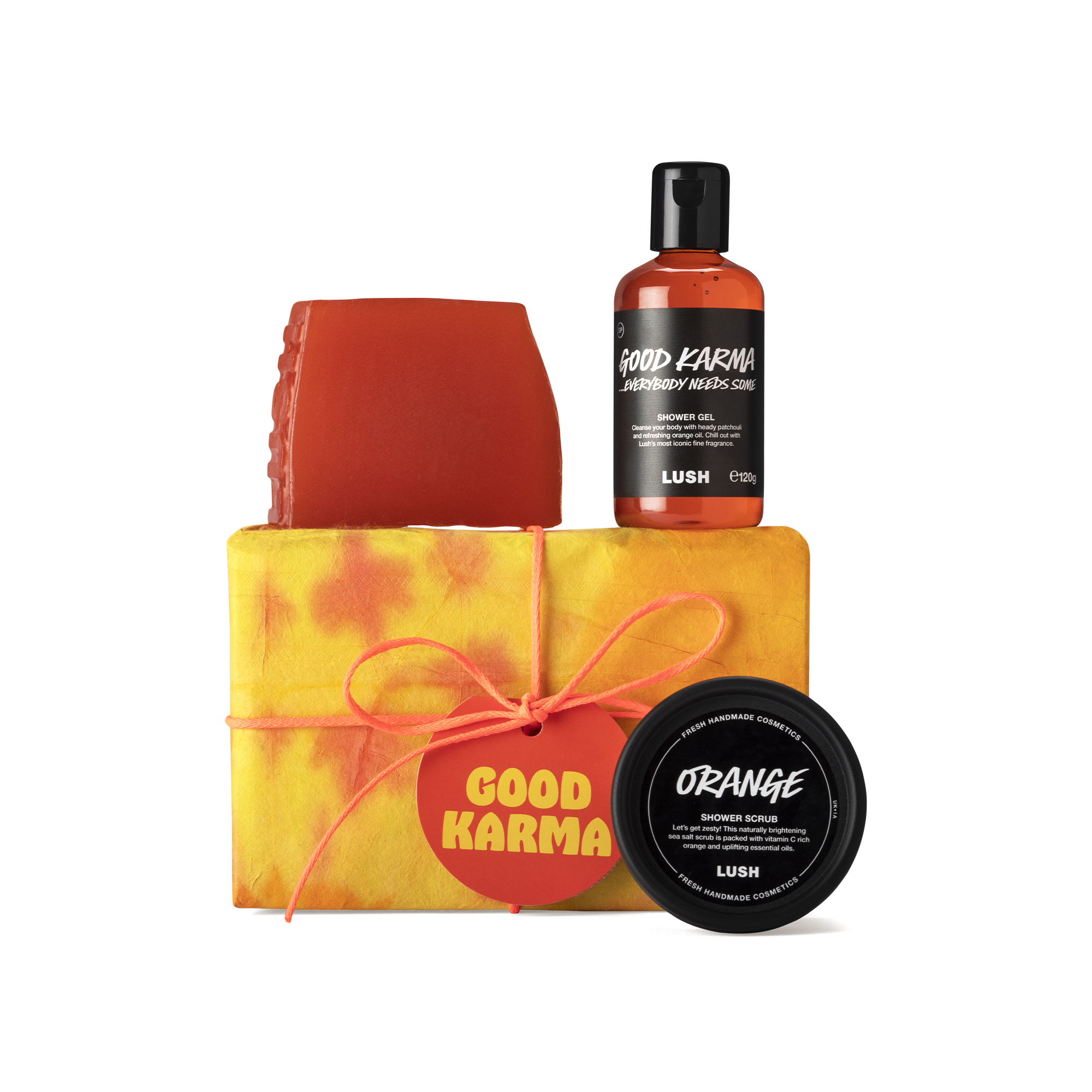 Lush Good Karma gift set, shower gel, scrub and soap (British brand)
