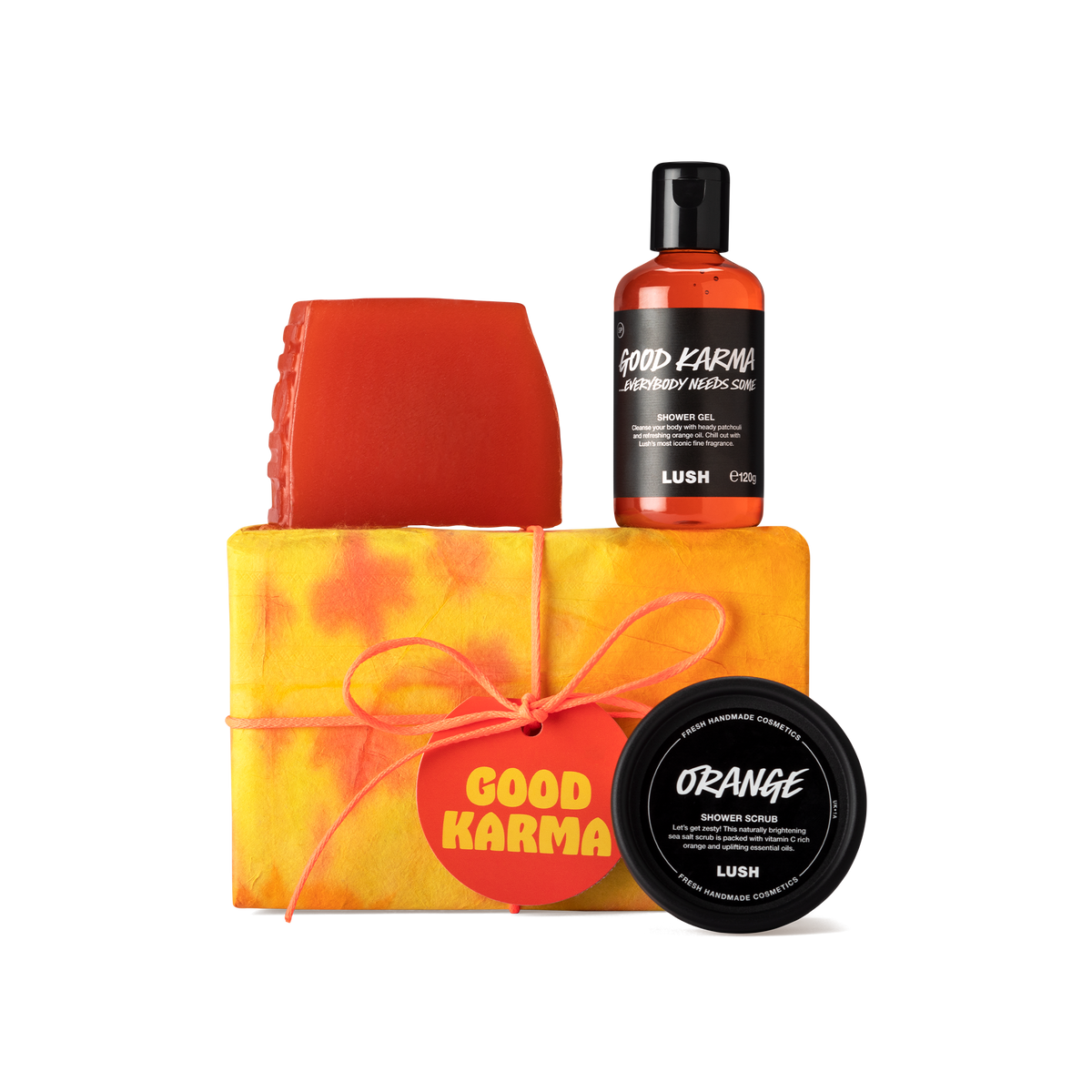 Lush Good Karma gift set, shower gel, scrub and soap (British brand)
