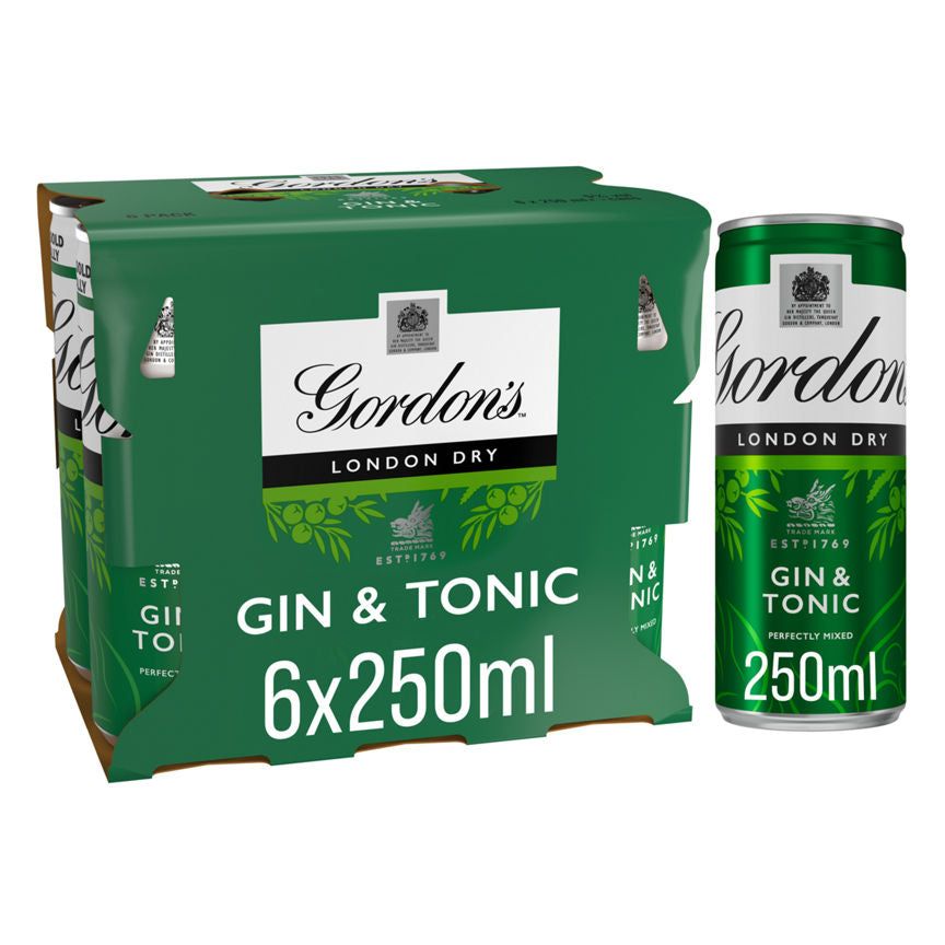 Gordon's London Dry Gin &amp;amp; Tonic Ready To Drink 5% vol 6x250ml Cans