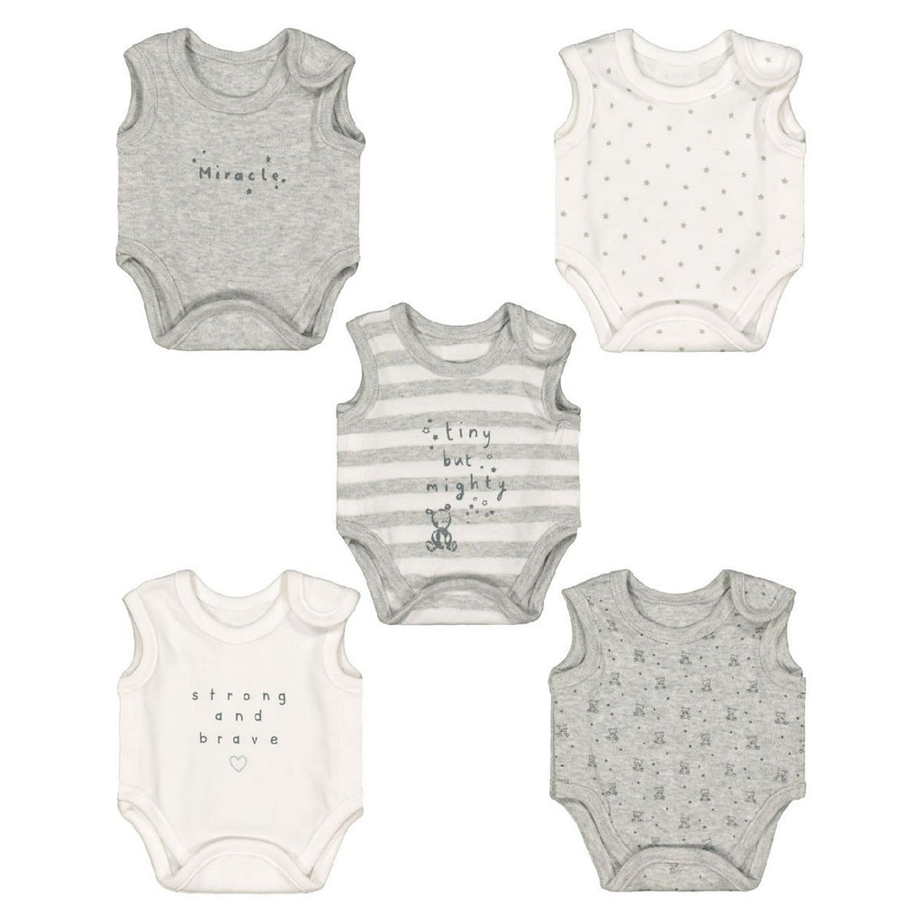 Grey Premature Baby Bodysuits – 5 Pack