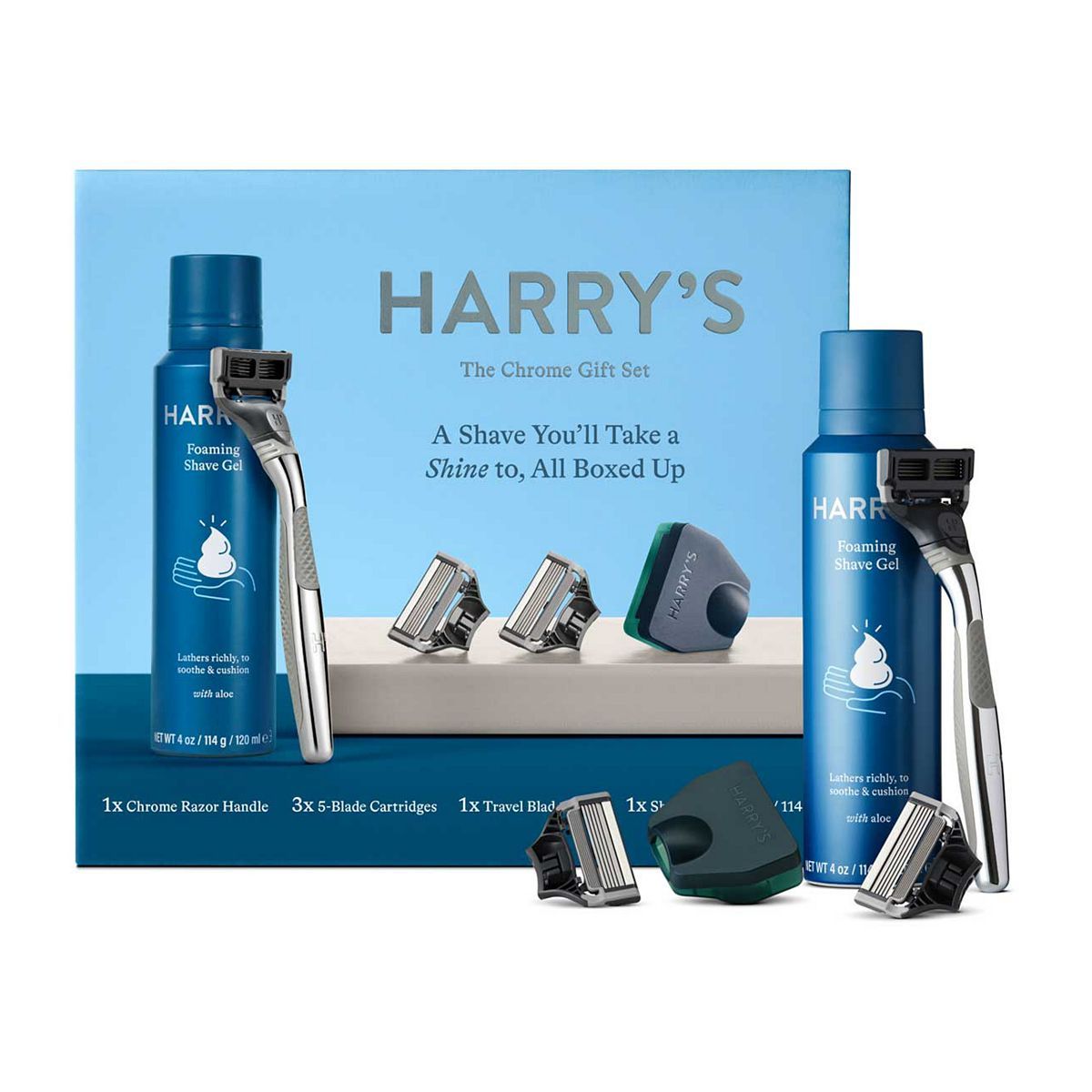 Harry&amp;rsquo;s Men&amp;rsquo;s Chrome Gift Set with 3 Razor Blades + Shave Gel