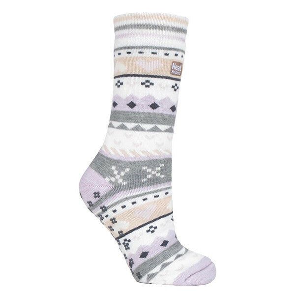 Heat Holders Ladies Fairisle Thermal Slipper Socks 4-8 UK Lilac / Grey