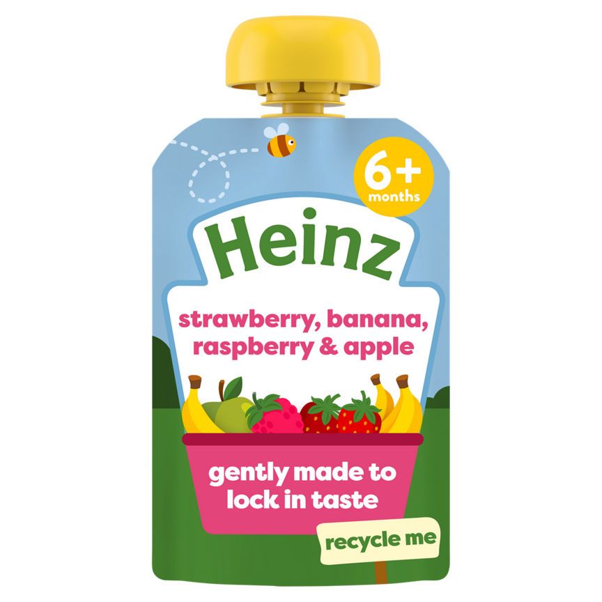 Heinz Jordbær, Banan, bringebær &amp; Eplefrukt babymatpose 6+ måneder