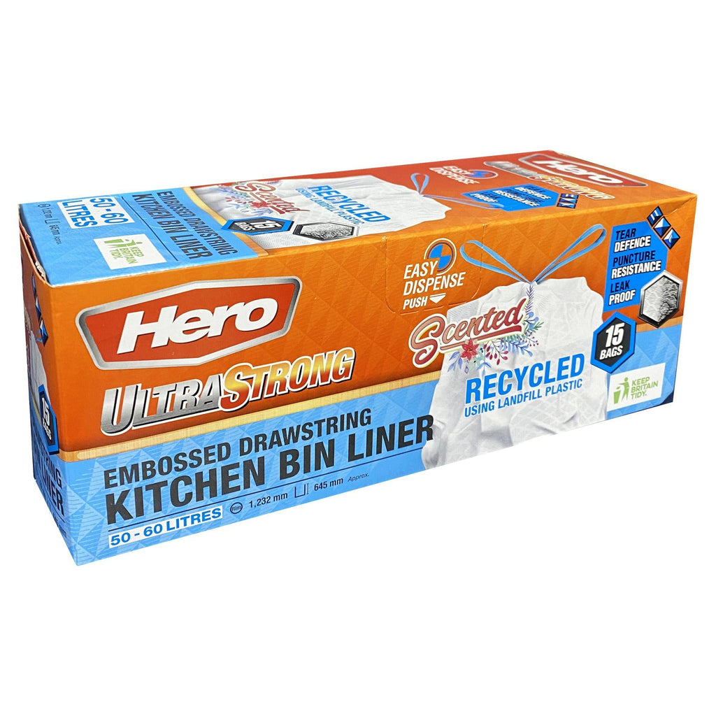 Hero Ultra Strong Scented Embossed Drawstring Kitchen Bin Liner Bags x15