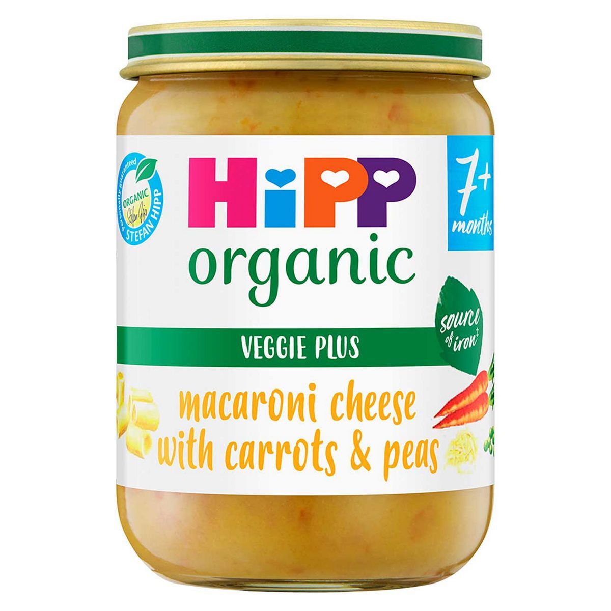HIPP ORGANIC bébiétel tégelyes makaróni sajt sárgarépával &amp; Borsó 190 g