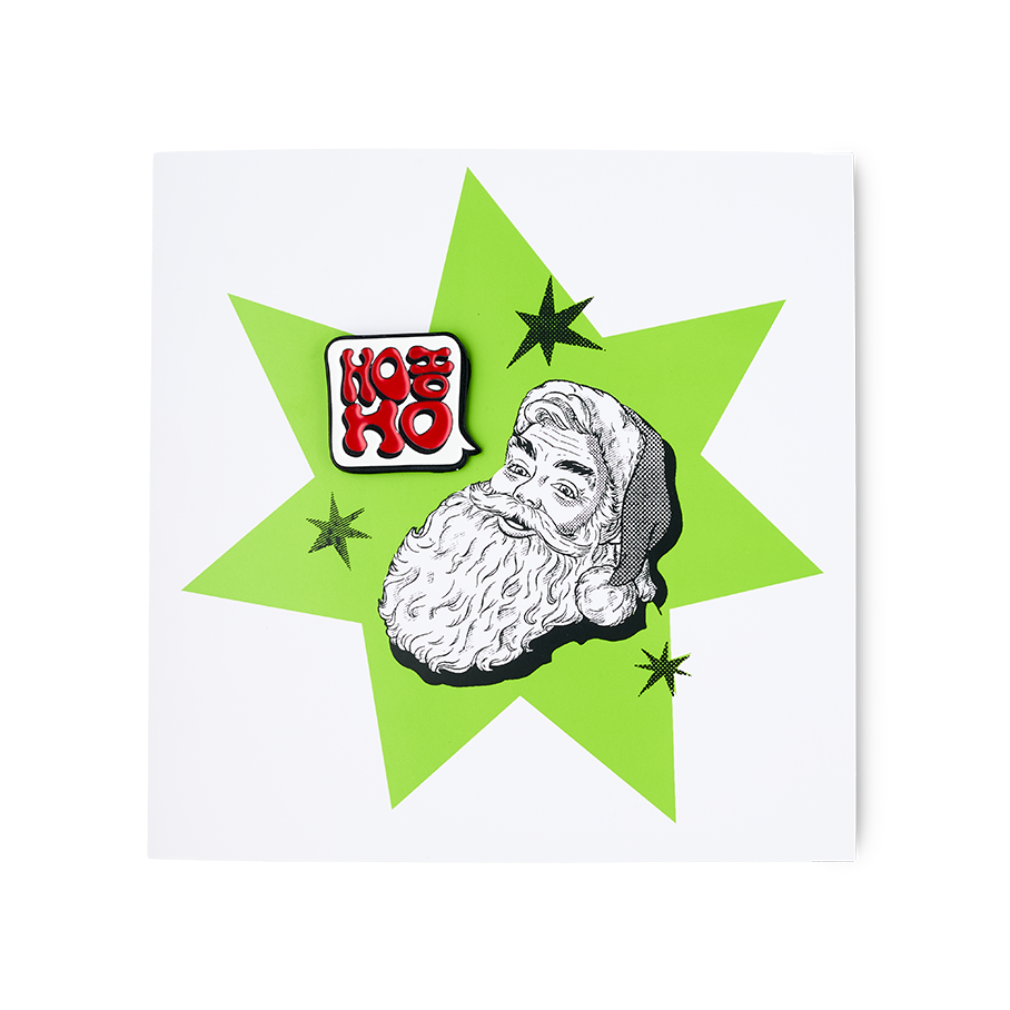 Lush HO HO HO Christmas greetings card with enamel badge (British brand)