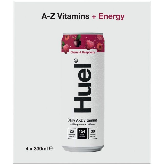 Huel Daily A-Z Cherry &amp;amp; Raspberry Sparkling Multivitamin Energy Drink   4 x 330ml