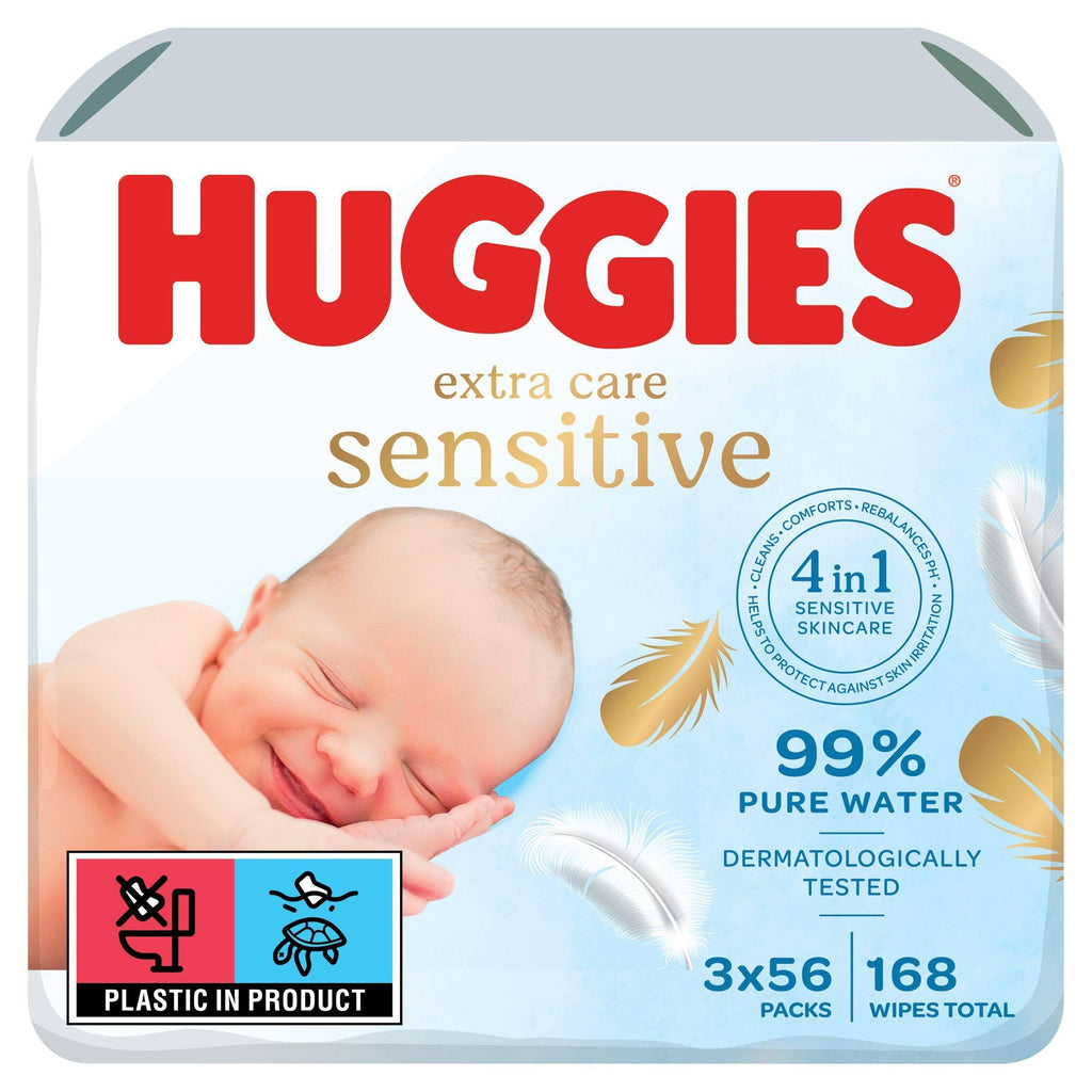 Huggies Pure Extra Care Sensitive Newborn Wet Baby Wipes, 99% Water - 3 Pack (3 x 56 Wipes)