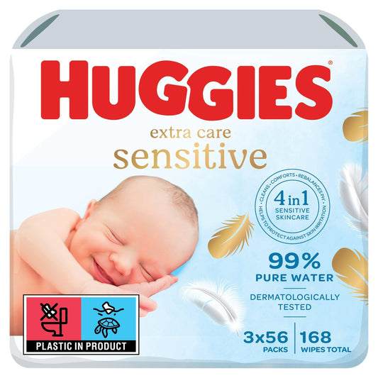 Huggies Pure Extra Care Sensitive Newborn Wet Baby Wipes, 99% Water - 3 Pack (3 x 56 Wipes)